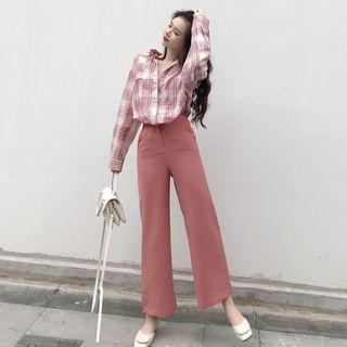 Long-sleeve Plaid Shirt / High-waist Wide-leg Pants