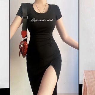Letter Embroidered Side-slit Short-sleeve T-shirt Dress