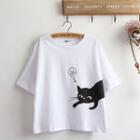 Set: Elbow-sleeve Cat Print T-shirt + Striped Shorts