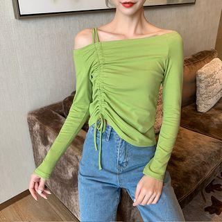 Long-sleeve Cold Shoulder Drawstring T-shirt