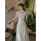 Puff-sleeve Bead Fringe Floral Print Midi A-line Dress