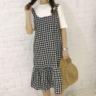 Ruffle Hem Gingham Midi Pinafore Dress