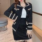 Set: Contrast Trim Button-up Jacket + Mini Pencil Skirt Set - Black - One Size