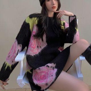 Flower Loose-fit Knit Sweater As Figure - One Size