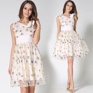 Gathered-waist Floral Print Sleeveless A-line Sheath Dress