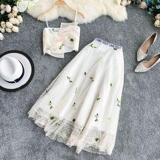 Set: Floral Camisole Top + Sheer Panel A-line Midi Skirt