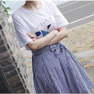 Set: Short-sleeve Printed T-shirt + Midi Striped A-line Skirt