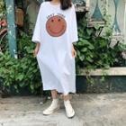 3/4-sleeve Smiley Face Printed Midi T-shirt Dress