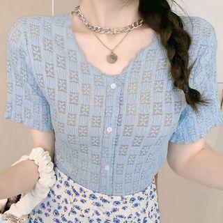 Short-sleeve V-neck Ruffled Lace Cutout Top