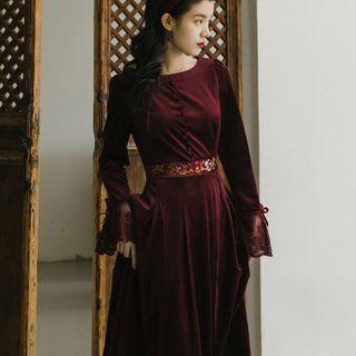 Floral Embroidered Velvet Midi A-line Dress