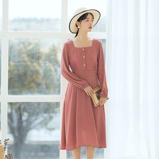 Plain Long-sleeve Square-neck Chiffon Dress