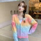 Gradient Pointelle Knit Cardigan Gradient - Light Yellow & Blue & Pink - One Size