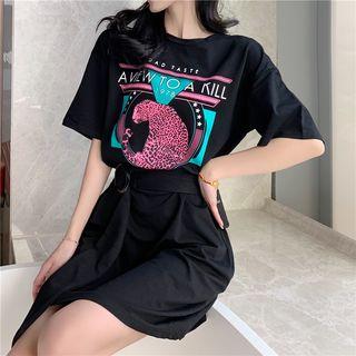Elbow-sleeve Printed Tie-waist T-shirt Dress