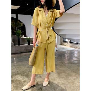 Set: Double-breasted Chiffon Blazer + Crop Pants With Sash