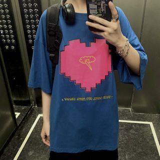 Heart Print Elbow-sleeve T-shirt Blue - One Size