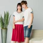 Couple Matching Embroidered Short Sleeve T-shirt / Plain Flared Skirt