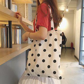 Dotted Canvas Shopper Bag With Zip - White - One Size