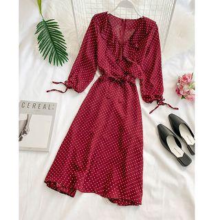 3/4-sleeve Ruffle-trim Dotted Midi A-line Dress