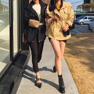 Drawstring-waist Pocket-detail Oversized Safari Jacket