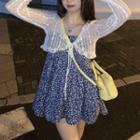 Tie-front Crop Lace Cover-up / Spaghetti-strap Floral Print Mini A-line Dress
