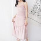 Frill Trim Spaghetti Strap Midi Velvet Dress