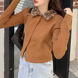 Leopard Print Panel Collared Cardigan