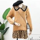 Set: Drop-shoulder Knit Sweater + Leopard-print Shirtdress