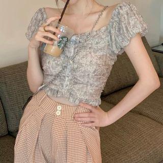 Puff-sleeve Tie-dyed Ruffled Blouse / Gingham Wide Leg Pants