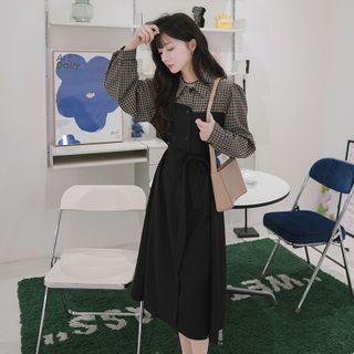 Long-sleeve Collar Plaid Panel Midi A-line Dress