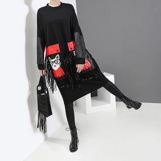 Pocket Detail Fringed Trim Pullover Dress Black - One Size