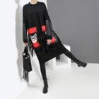 Pocket Detail Fringed Trim Pullover Dress Black - One Size