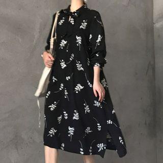 Long-sleeve Midi Floral Dress Black - One Size