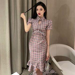 Short-sleeve Plaid Collared Sheath Dress