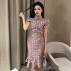 Short-sleeve Plaid Collared Sheath Dress