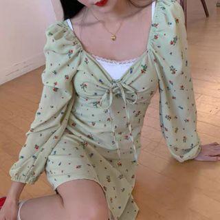 Floral Long-sleeve Mini A-line Dress Light Green - One Size