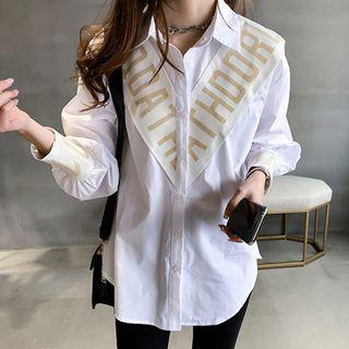 Lettering Lantern-sleeve Blouse