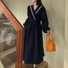 V-neck Ruffle Trim Midi A-line Dress Dark Blue - One Size