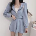 Long-sleeve Zipped Hooded Cropped Jacket + High-waist Drawstring Shorts