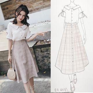 Set: Off-shoulder Blouse + Check Skirt