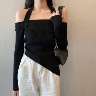 Long-sleeve Halter Off-shoulder Knit Crop Top