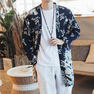 Print Open Front Linen Blend Jacket