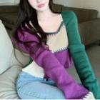 Color Block Cropped Sweater Green & Purple - One Size