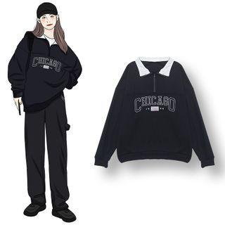 Polo-neck Lettering Pullover Navy Blue - One Size