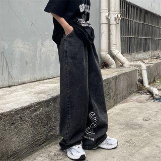 Bear Print Wide-leg Jeans
