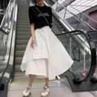 Set: Short-sleeve Letter T-shirt + Layered Midi Skirt