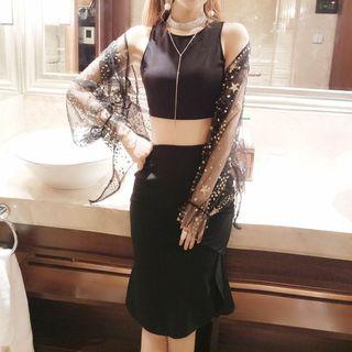 Set: Tank Top + Pencil Skirt + Tulle Top