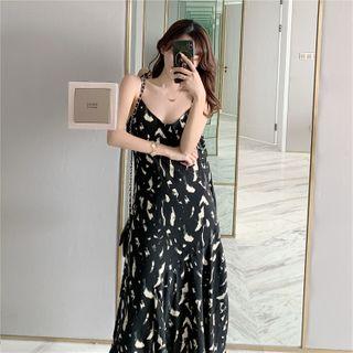 Set: Single-breasted Blazer + Spaghetti Strap Printed Midi A-line Dress