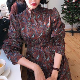 Long-sleeve Stand Collar Paisley Mini Shirtdress
