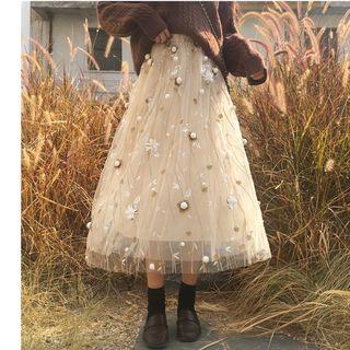 Feather Applique Midi A-line Mesh Skirt
