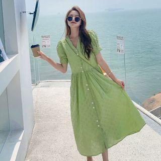 Puff Sleeve V-neck Button-up Midi A-line Dress